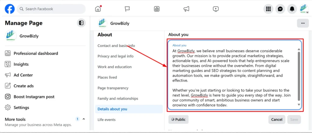 Facebook Page Optimization Keyword-rich About section