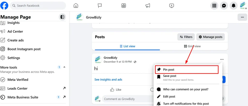 Facebook Page Optimization Pinning a high-value post