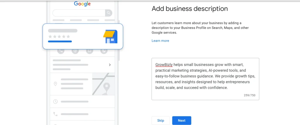 google business profile description example