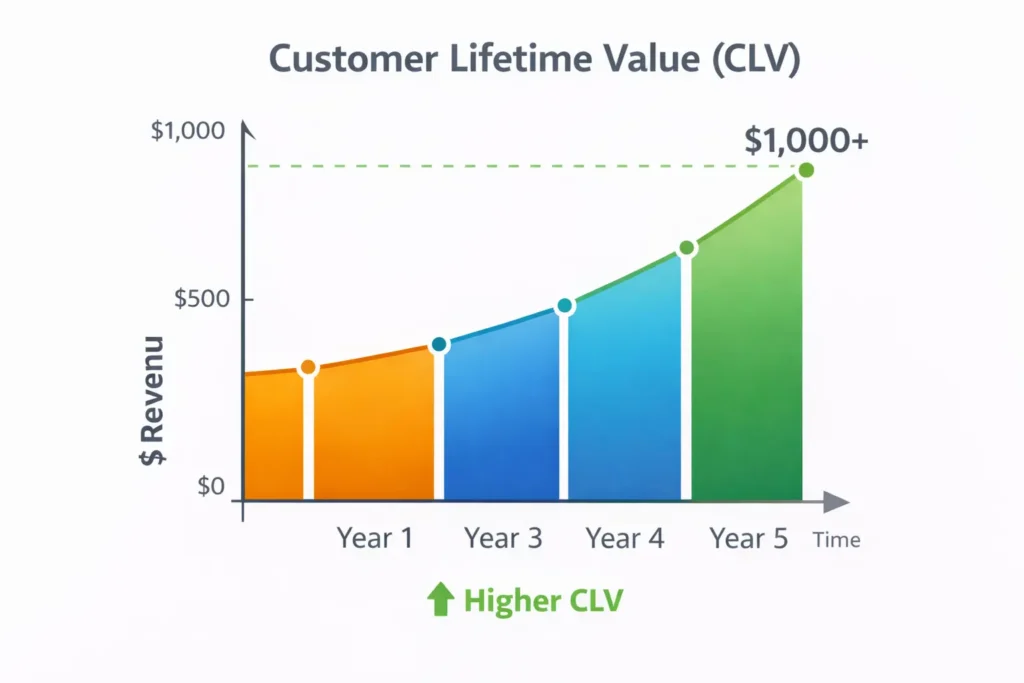 CLV curve illustrating customer lifetime value increasing year over year