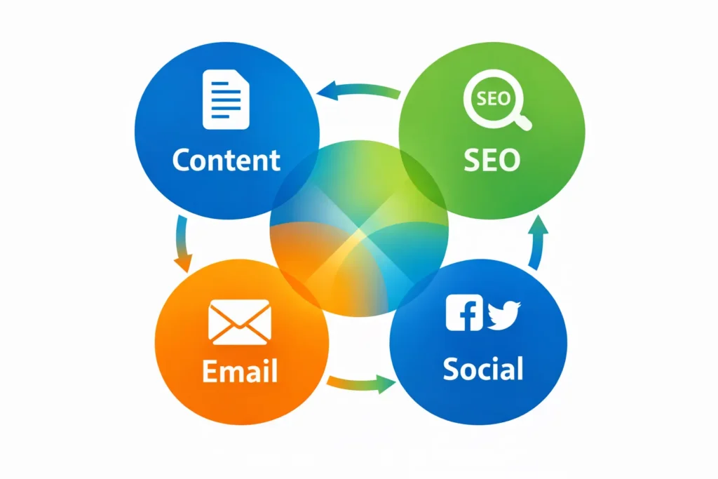 Digital marketing channel map showing content, SEO, social media, and email working together