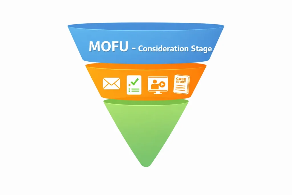 MOFU consideration stage highlighted in the middle of the marketing funnel with trust building content