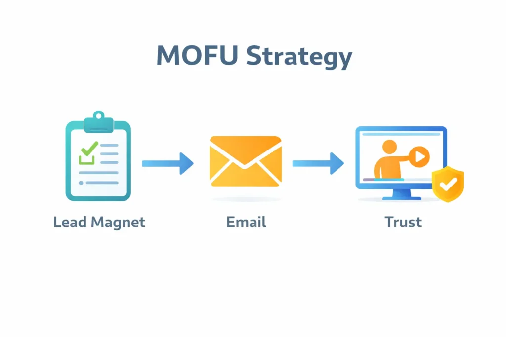 MOFU strategy visual illustrating lead magnet email and trust building stages