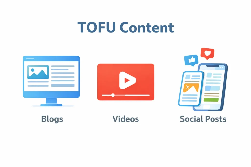 TOFU content strategy showing blogs videos and social posts for awareness stage
