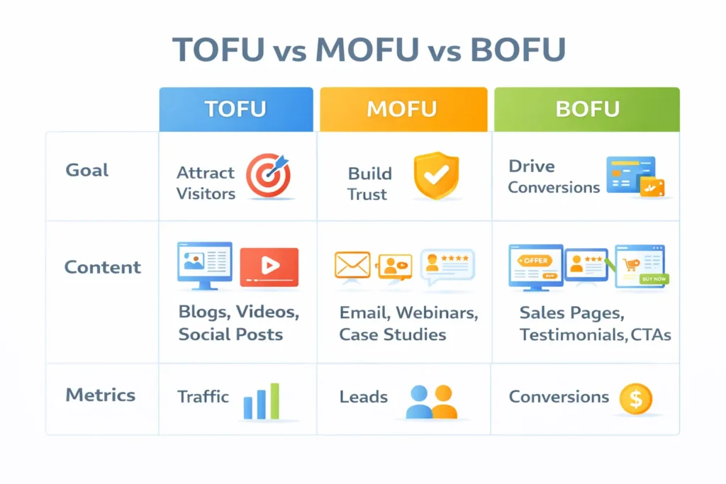 TOFU vs MOFU vs BOFU comparison table showing goals content and metrics
