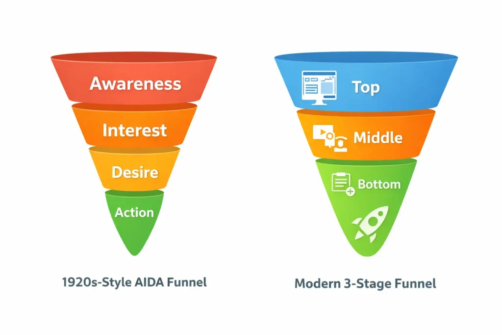 comparison between traditional AIDA funnel and modern TOFU MOFU BOFU marketing funnel