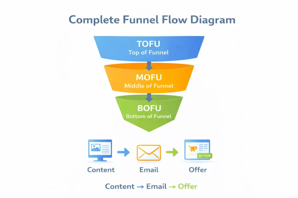 complete TOFU MOFU BOFU funnel flow diagram showing content email and offer stages