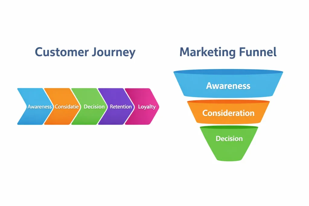 customer journey vs marketing funnel comparison visual