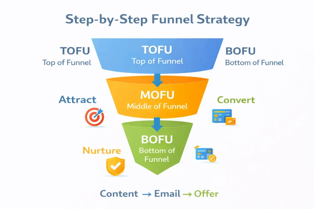 step by step TOFU MOFU BOFU funnel strategy showing attract nurture and convert stages